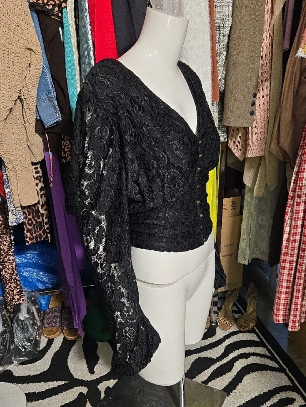 Anthropologie Black Lace Button-Front V-Neck Blouse